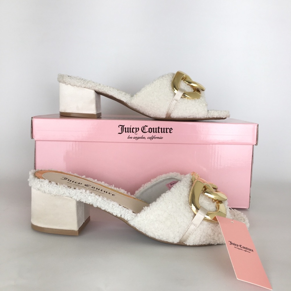 Juicy Couture Faux Fur Mules Slip On Natural Cream Open Toe Chunky Heel NWT